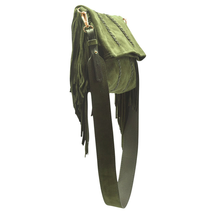 Carlos Falchi Fringe Messenger Bag - Olive Suede available at Barbara Katz