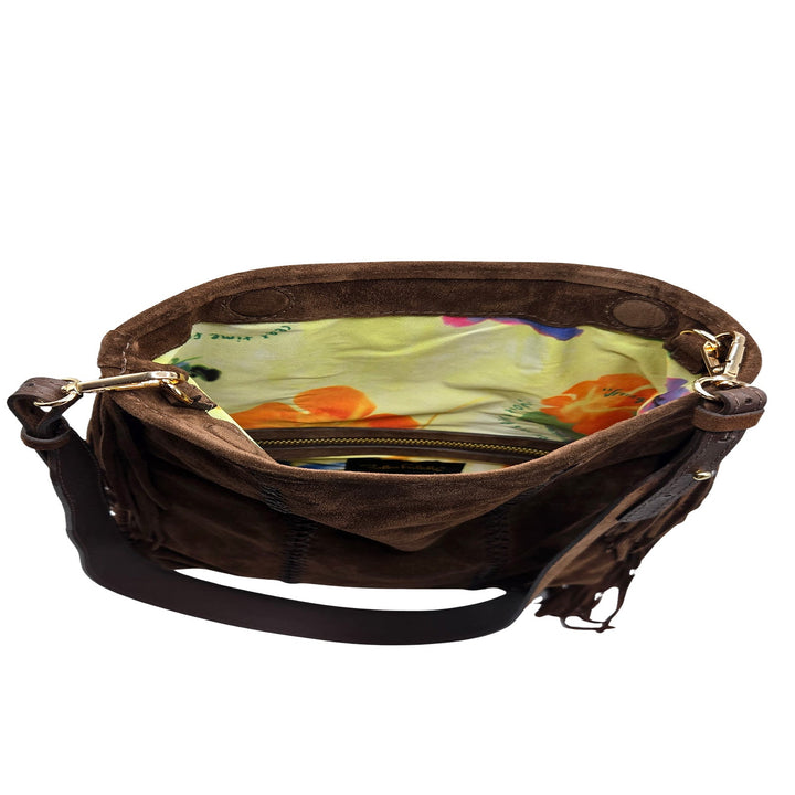 Carlos Falchi Fringe Messenger Bag in Brown Suede available at Barbara Katz