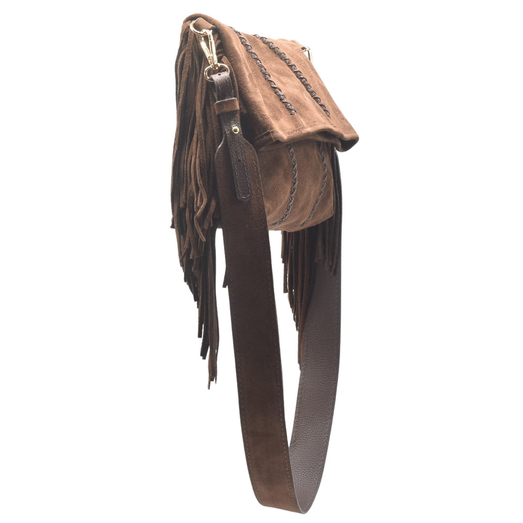 Carlos Falchi Fringe Messenger Bag in Brown Suede available at Barbara Katz