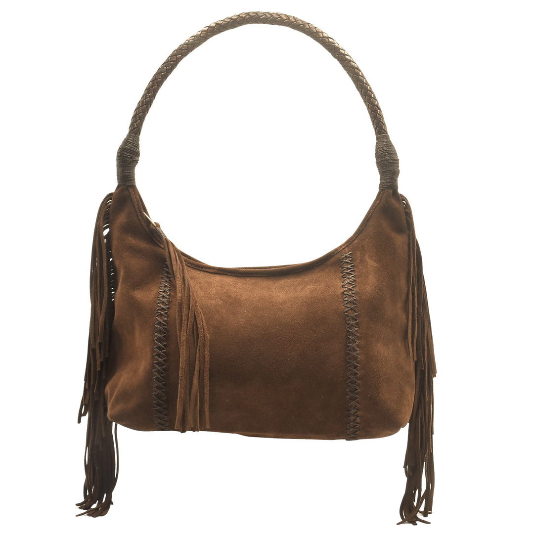 Carlos Falchi Fringe Hobo Bag in Brown Suede available at Barbara Katz
