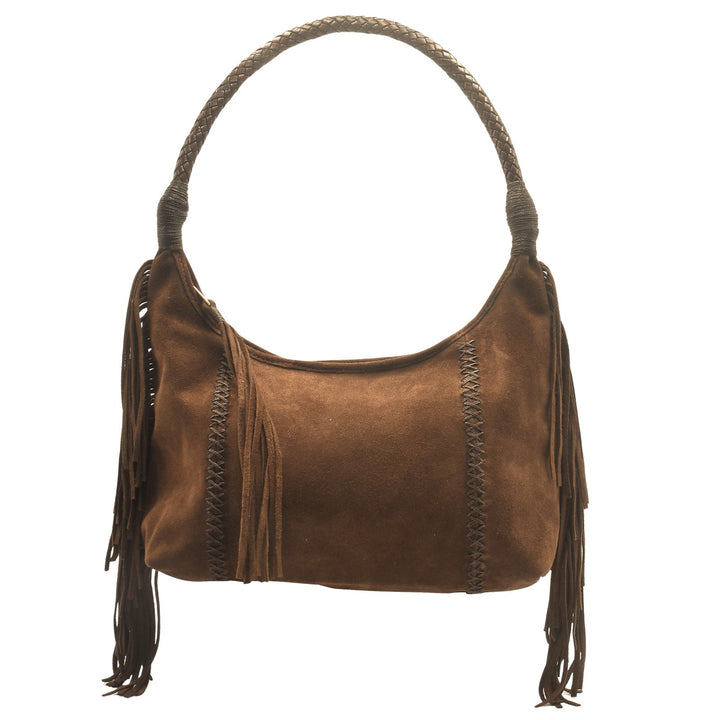 Carlos Falchi Fringe Hobo Bag in Brown Suede available at Barbara Katz