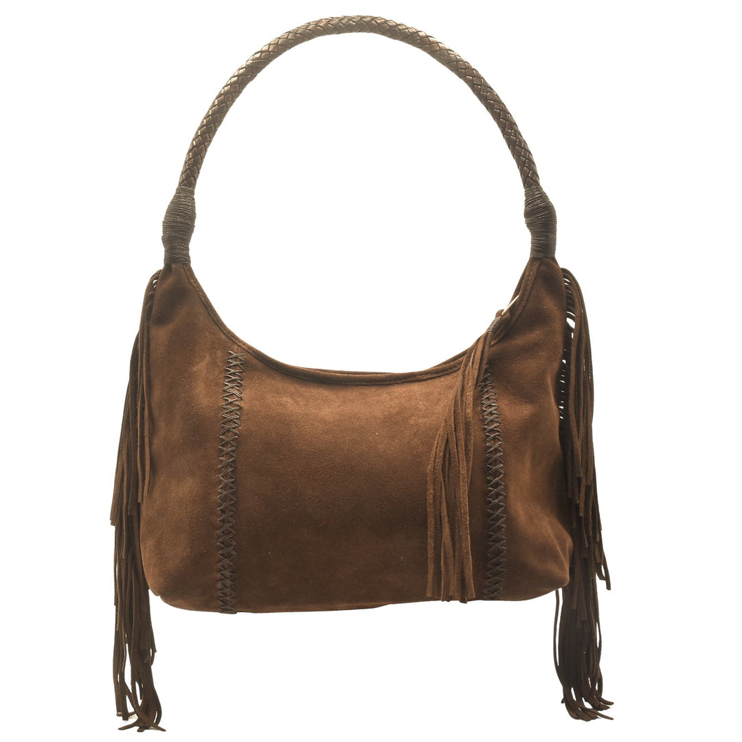 Carlos Falchi Fringe Hobo Bag in Coffee Suede available at Barbara Katz