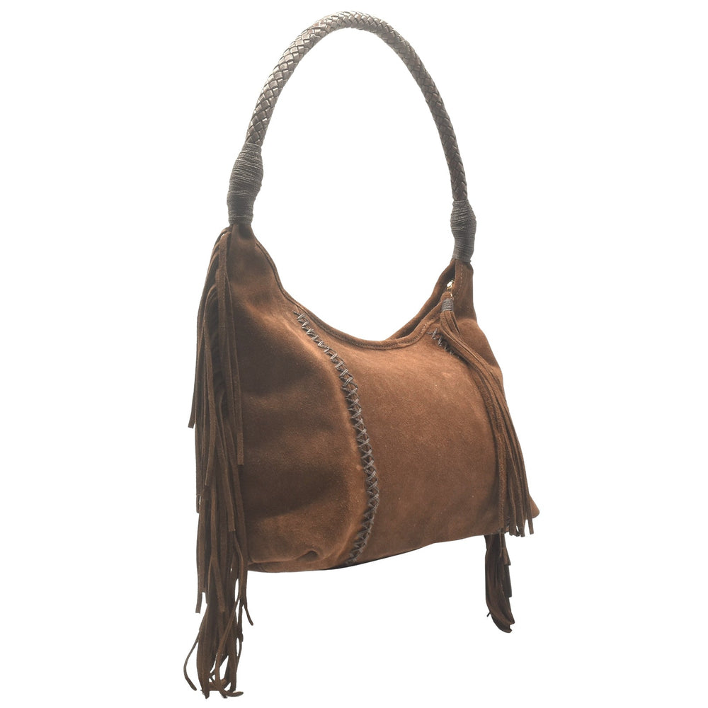 Carlos Falchi Fringe Hobo Bag in Coffee Suede available at Barbara Katz