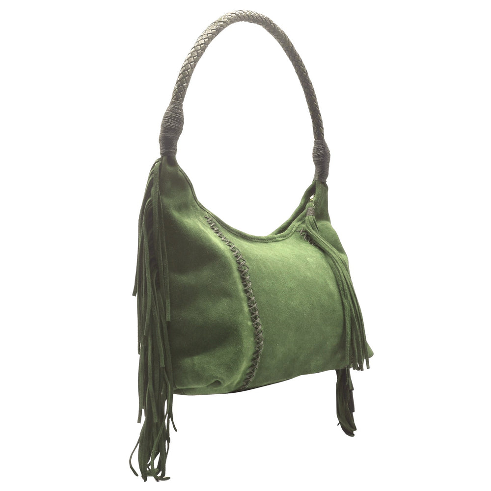Carlos Falchi Fringe Hobo Bag in Olive Suede available at Barbara Katz