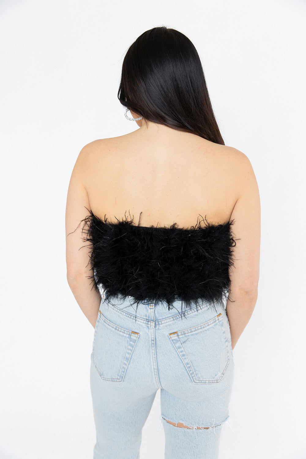 BuddyLove Fancy Strapless Feather Crop Top in Black available at Barbara Katz