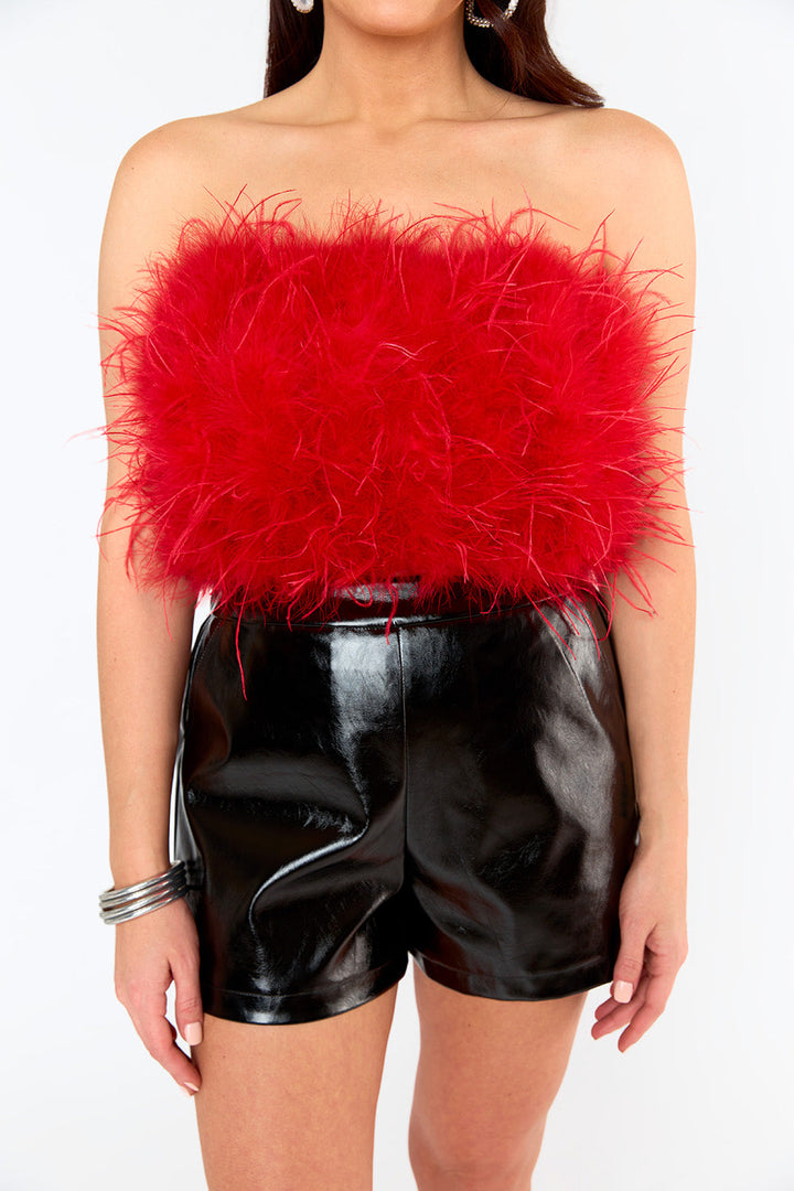 BuddyLove Fancy Strapless Feather Crop Top in Crimson available at Barbara Katz