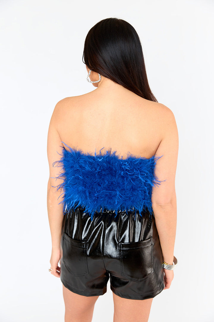 BuddyLove Fancy Strapless Feather Crop Top in Royal Blue available at Barbara Katz