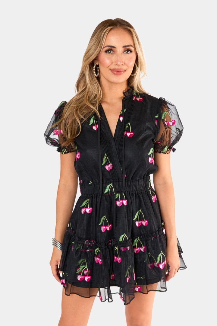BuddyLove Clementine Elastic Waist Mini Dress in Wild Cherries available at Barbara Katz