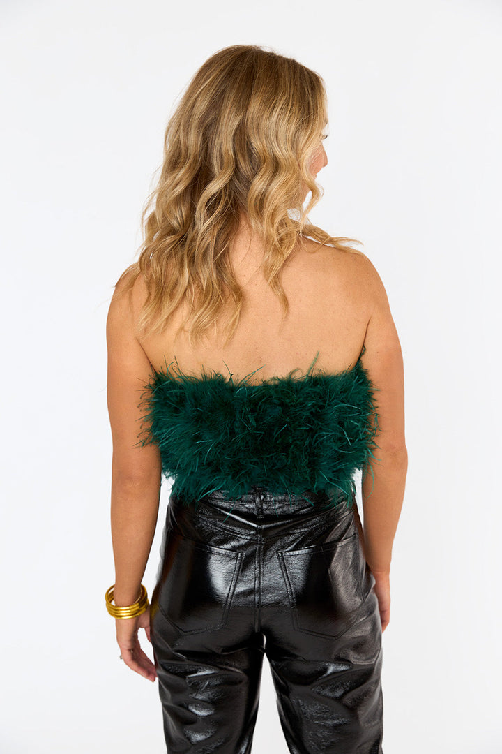 BuddyLove Fancy Strapless Feather Crop Top in Emerald available at Barbara Katz