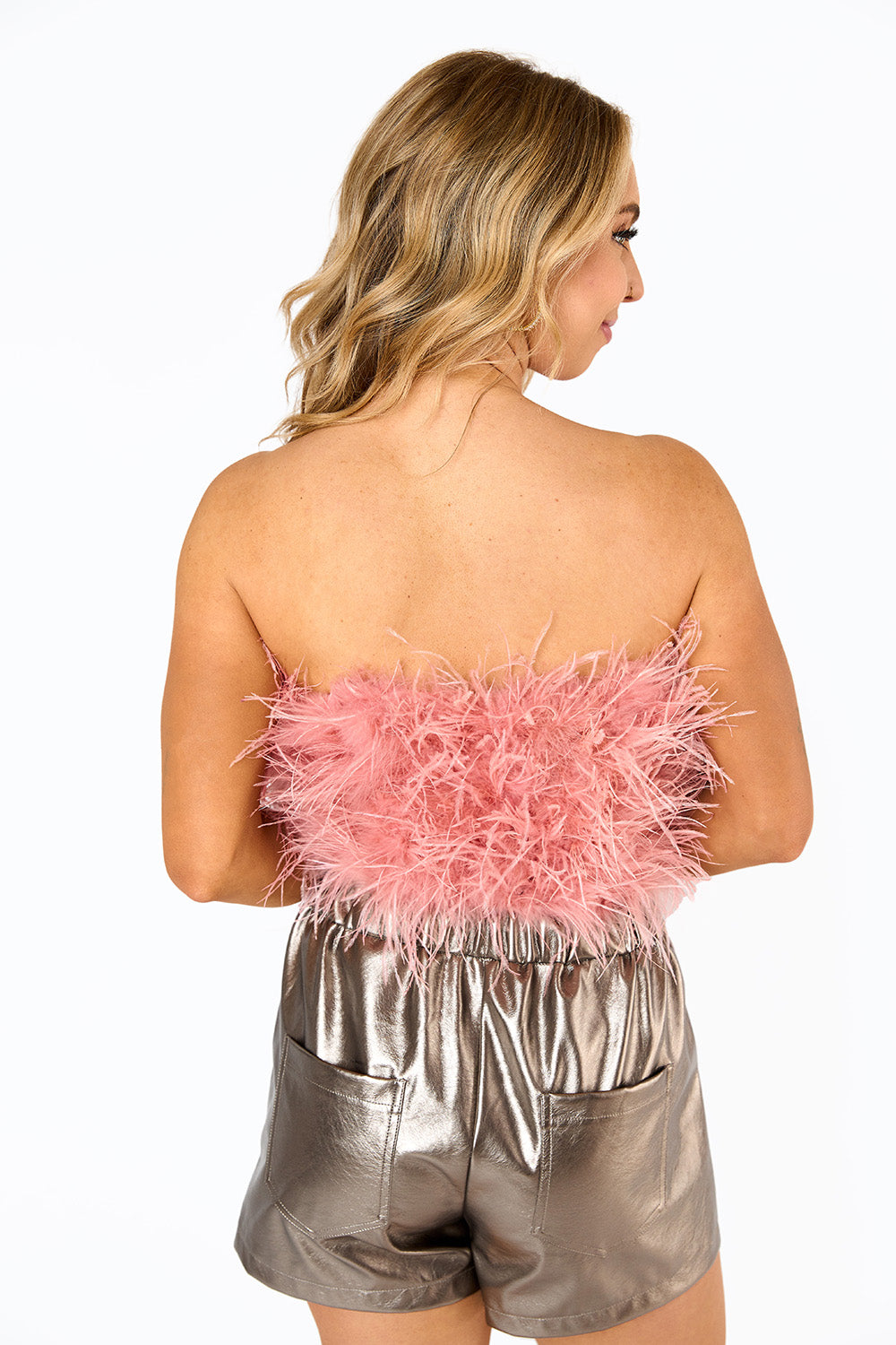 BuddyLove Fancy Strapless Feather Crop Top in Rose Gold available at Barbara Katz