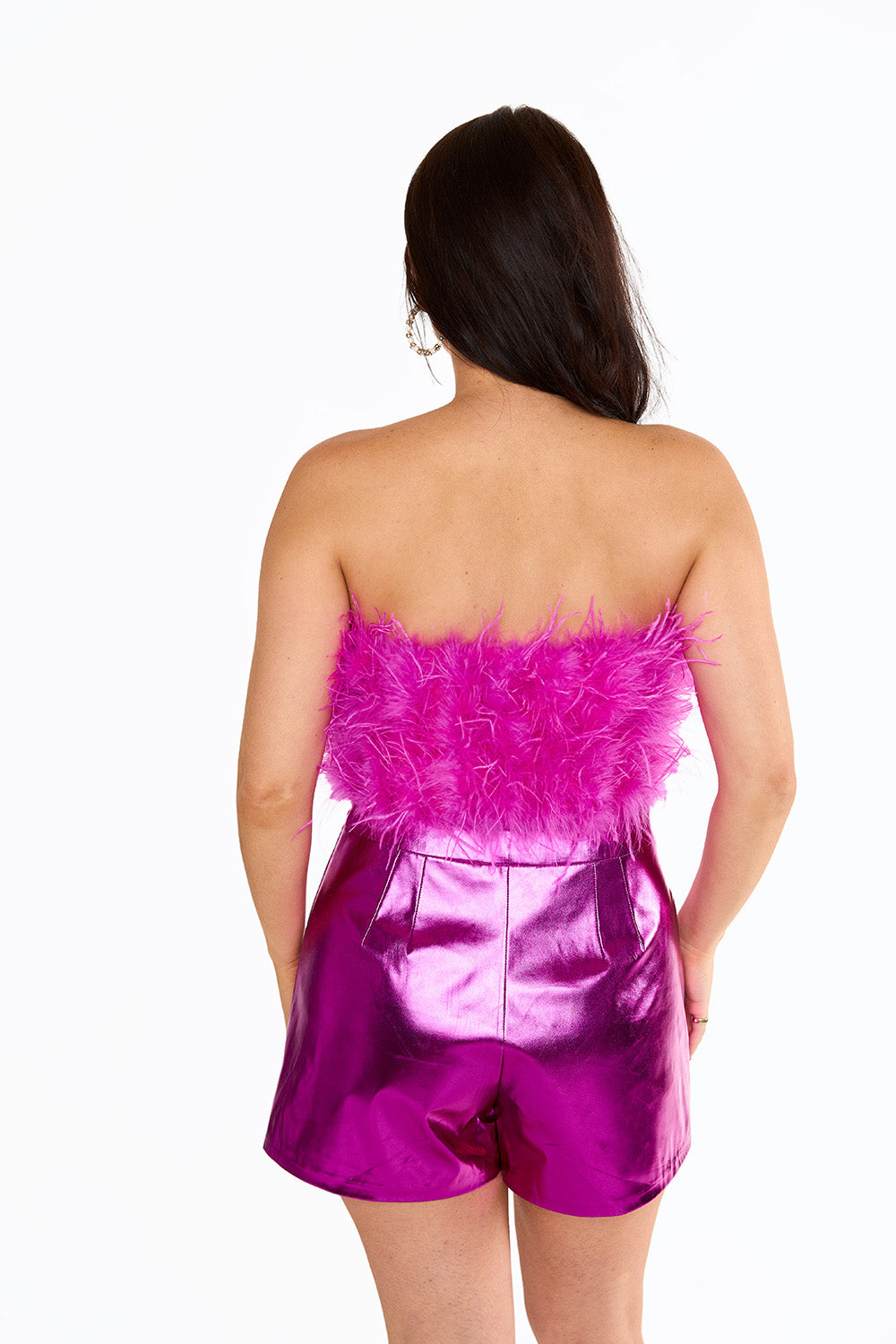 BuddyLove Fancy Strapless Feather Crop Top in Magenta available at Barbara Katz