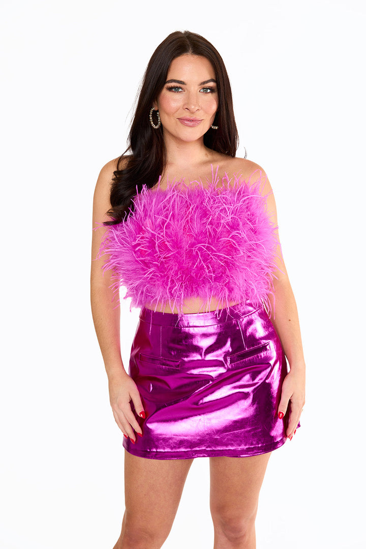BuddyLove Fancy Strapless Feather Crop Top in Magenta available at Barbara Katz