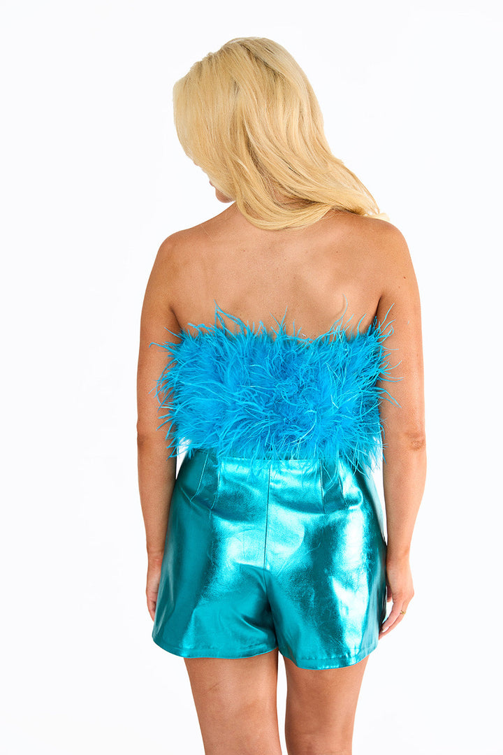 BuddyLove Fancy Strapless Feather Crop Top in Turquoise available at Barbara Katz