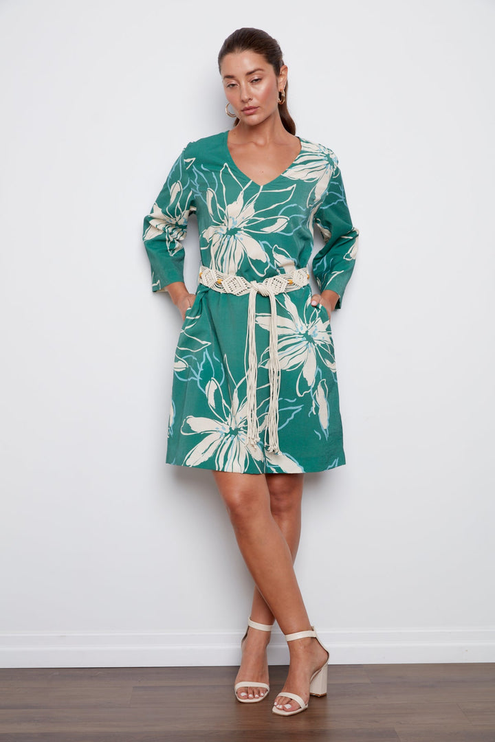 Cheyenne V-Neck Printed Dress With Macrame Belt - Green