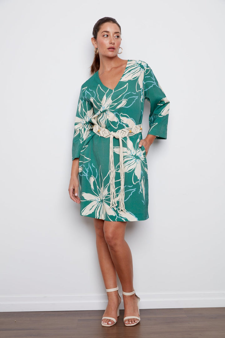 Cheyenne V-Neck Printed Dress With Macrame Belt - Green