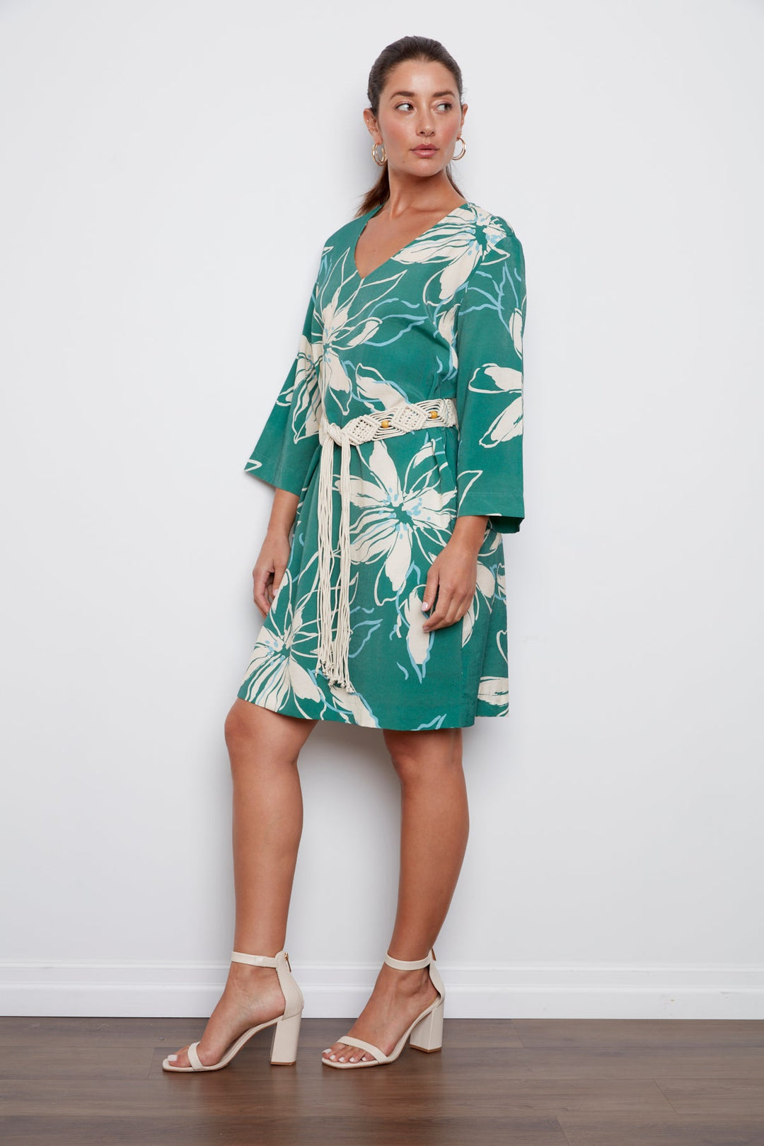 Cheyenne V-Neck Printed Dress With Macrame Belt - Green