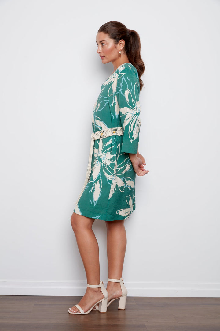 Cheyenne V-Neck Printed Dress With Macrame Belt - Green