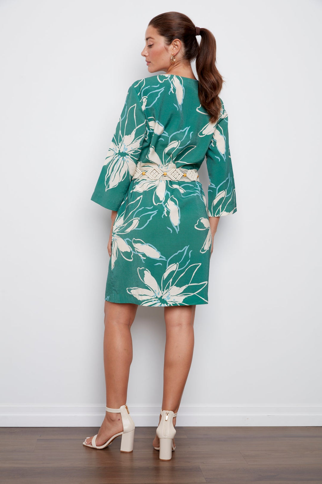 Cheyenne V-Neck Printed Dress With Macrame Belt - Green
