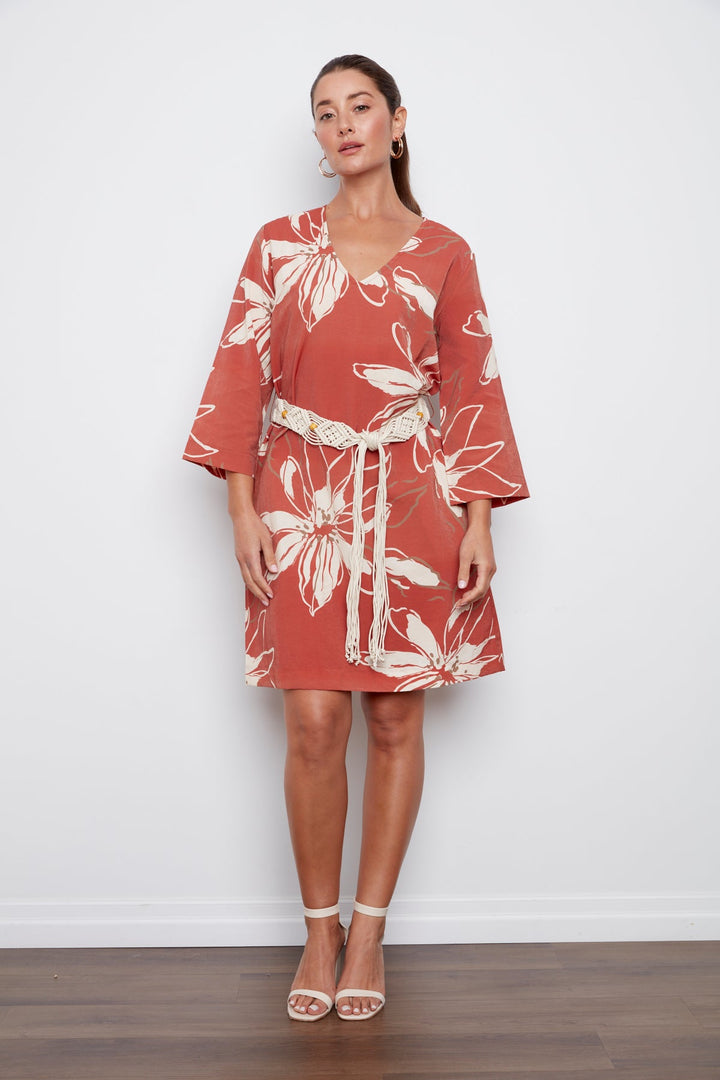 Cheyenne V-Neck Printed Dress With Macrame Belt - Picante
