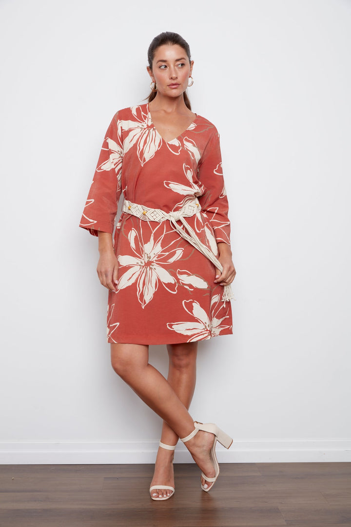Cheyenne V-Neck Printed Dress With Macrame Belt - Picante
