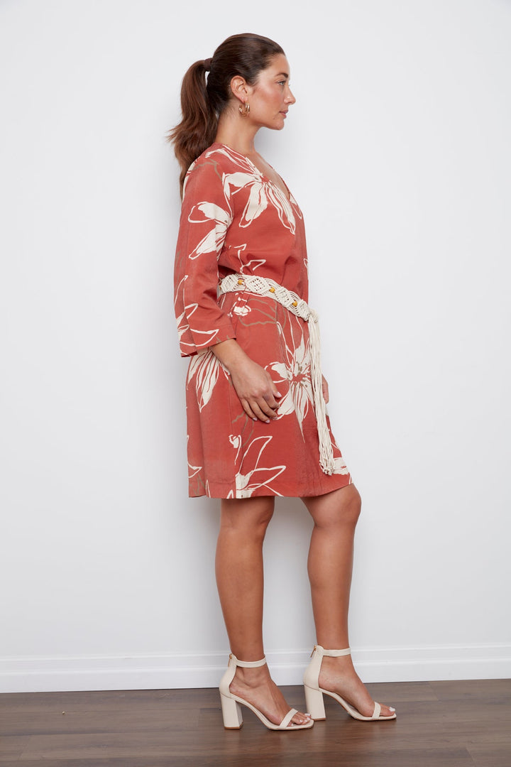 Cheyenne V-Neck Printed Dress With Macrame Belt - Picante