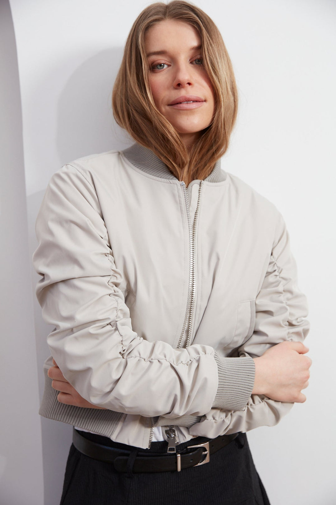 Adroit Atelier Cierra Bomber Jacket With Shirring Detail in Elephant available at Barbara Katz