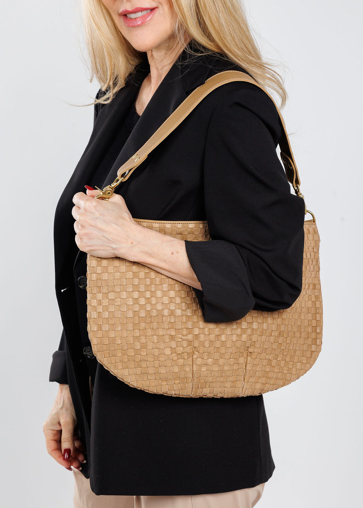 Clare V Moyen Messenger Bag in Clay Nappa Leather & Suede Woven Checker available at Barbara Katz