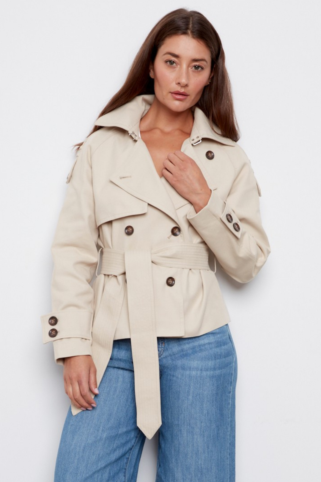 Adroit Atelier Calista Short Double Breasted Trench Coat in Sand available at Barbara Katz