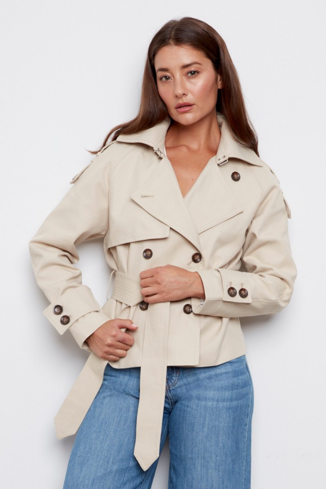 Adroit Atelier Calista Short Double Breasted Trench Coat in Sand available at Barbara Katz