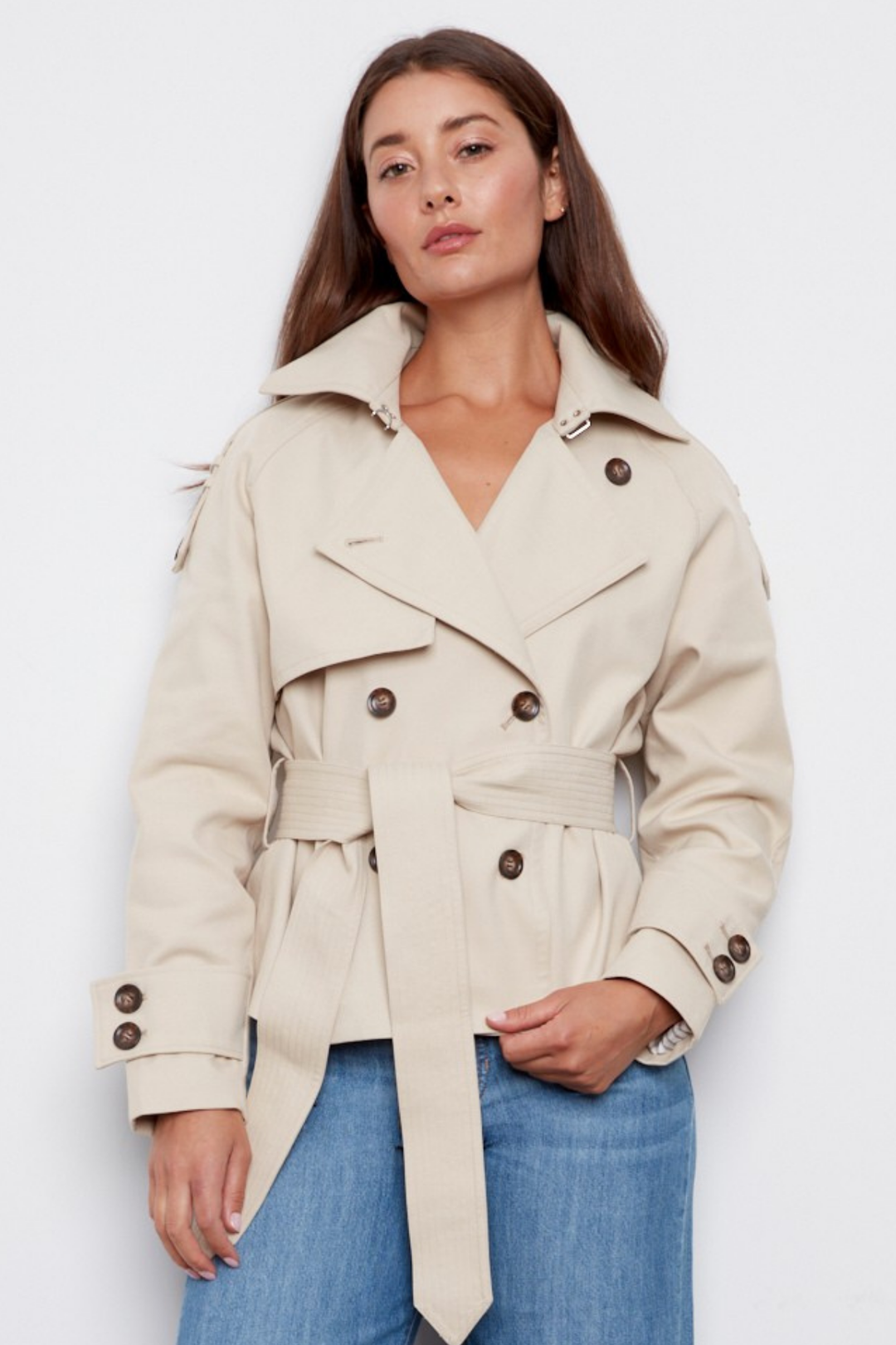 Adroit Atelier Calista Short Double Breasted Trench Coat in Sand available at Barbara Katz