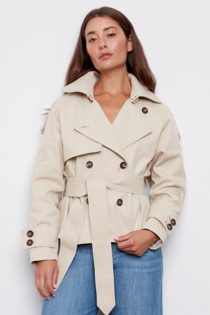 Adroit Atelier Calista Short Double Breasted Trench Coat in Sand available at Barbara Katz