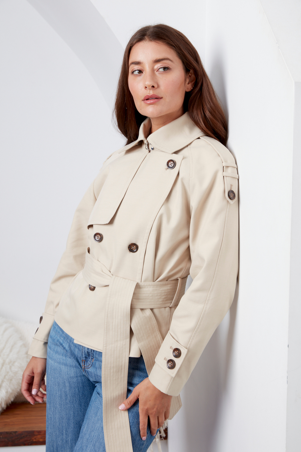 Adroit Atelier Calista Short Double Breasted Trench Coat in Sand available at Barbara Katz