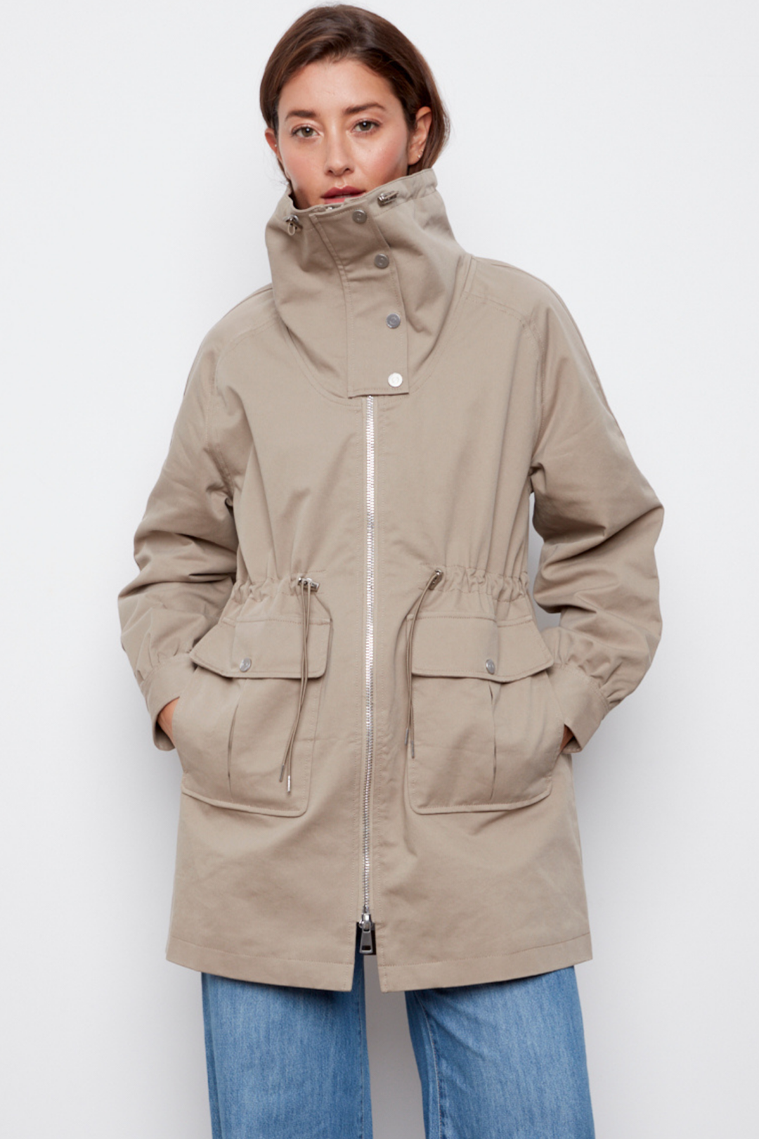 Adroit Atelier Callie Canvas Anorak With High Mock Neck in Taupe available at Barbara Katz