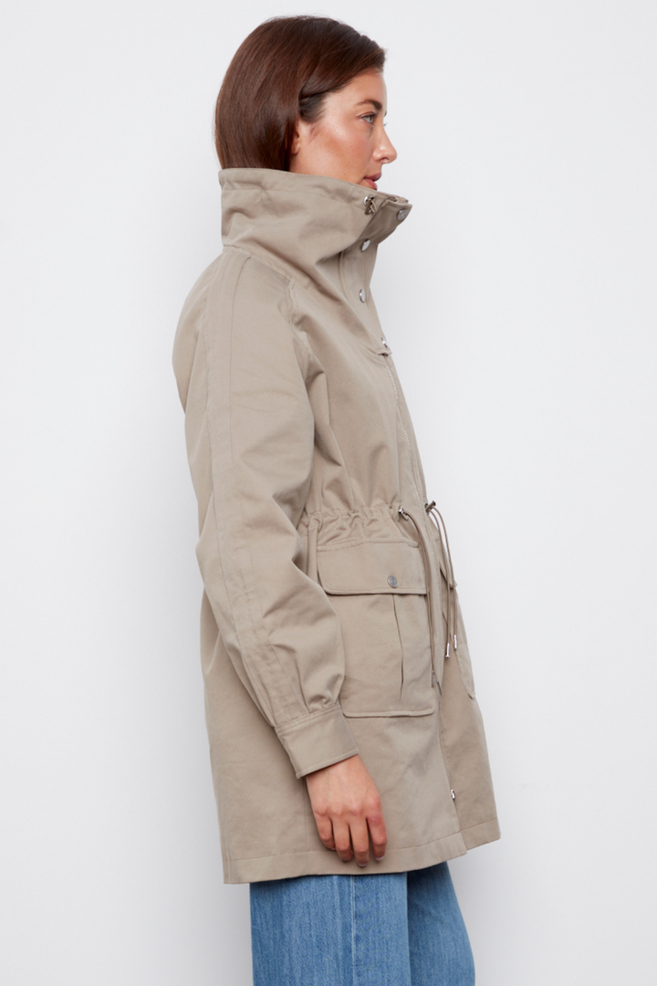 Adroit Atelier Callie Canvas Anorak With High Mock Neck in Taupe available at Barbara Katz