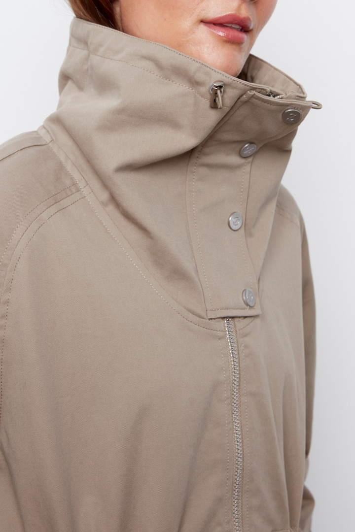 Adroit Atelier Callie Canvas Anorak With High Mock Neck in Taupe available at Barbara Katz