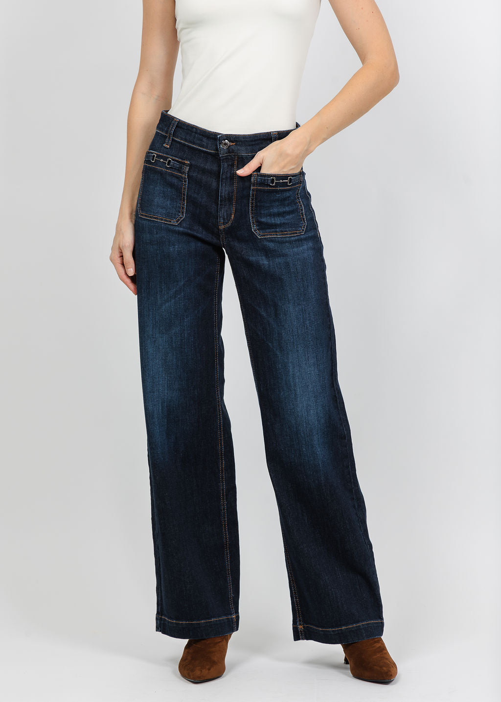 Cambio Ada Patched Pocket Pant 33" in Pure Flow Blue available at Barbara Katz