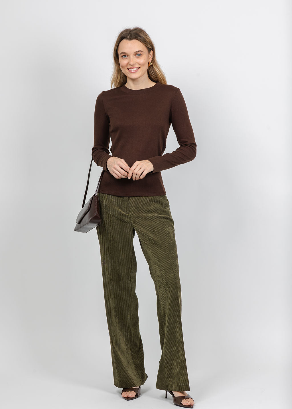Repeat Ribbed Long Sleeve Top in Chocolate paired with Cambio Amelie Corduroy Trouser in Olive available at Barbara Katz