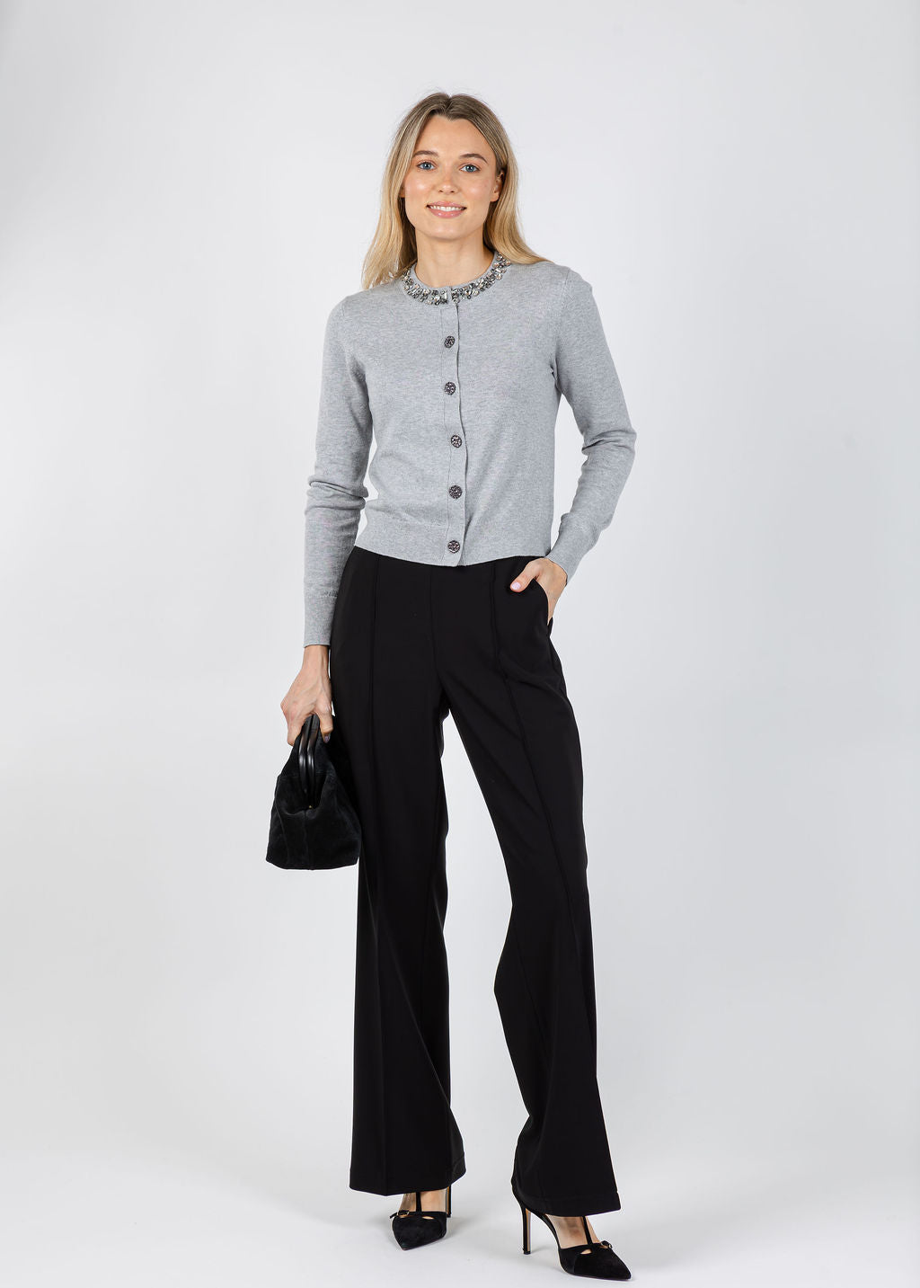J Society Bella Jewel Neck Cardigan in Heather Grey paired with Cambio Ava Pull-On Long Trousers in Black available at Barbara Katz