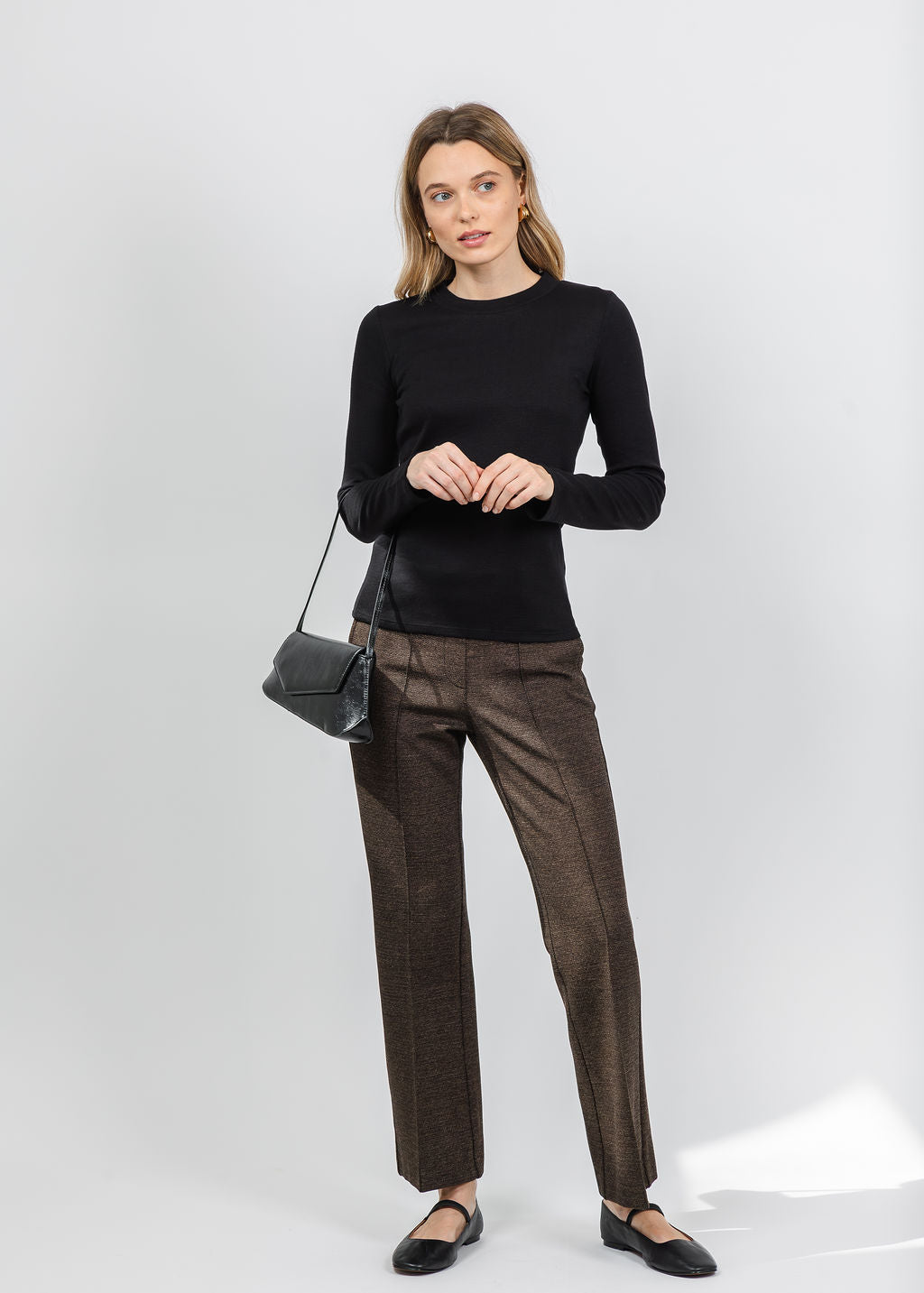 Repeat Ribbed Long Sleeve Top in Black paired with Cambio Francoise Cropped Pant in Bark available at Barbara Katz