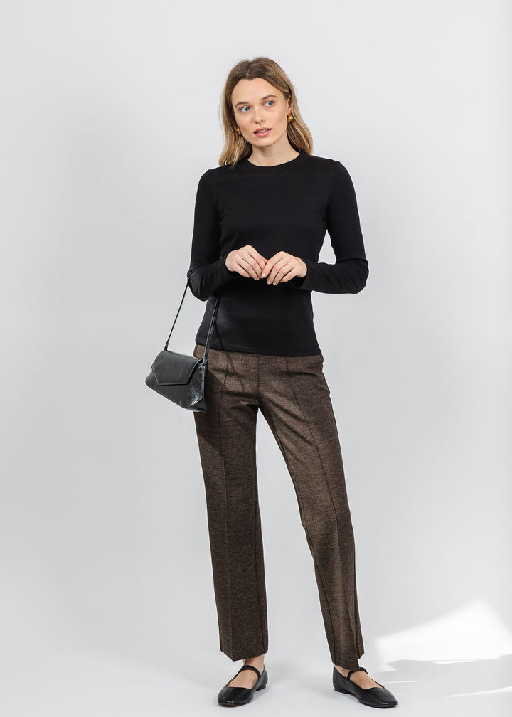 Repeat Ribbed Long Sleeve Top in Black paired with Cambio Francoise Cropped Pant in Bark available at Barbara Katz