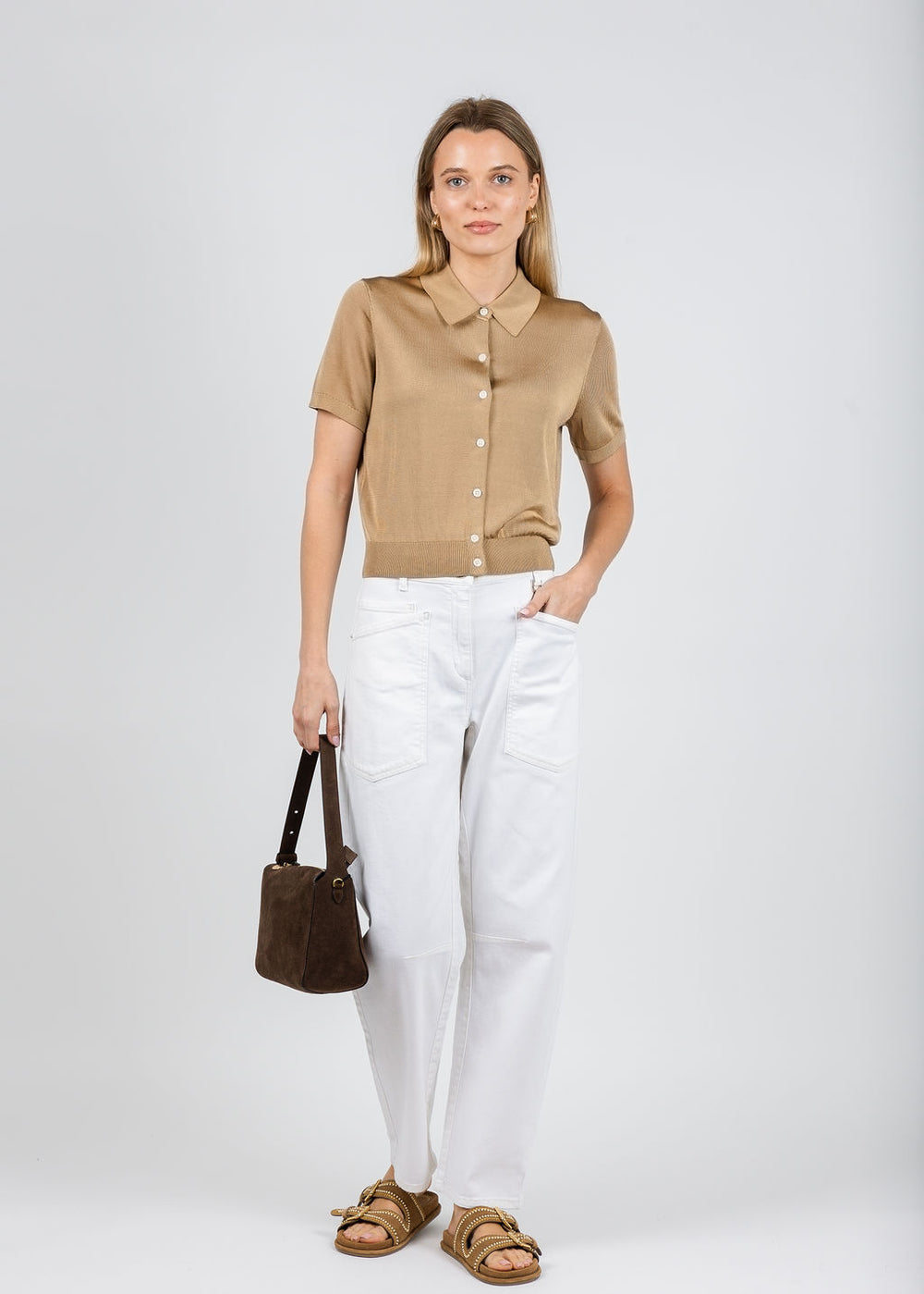 Pisstola Lucca Short Sleeve Polo in Wheat paired with Cambio Ocean Slim Barrel Jeans in White available at Barbara Katz