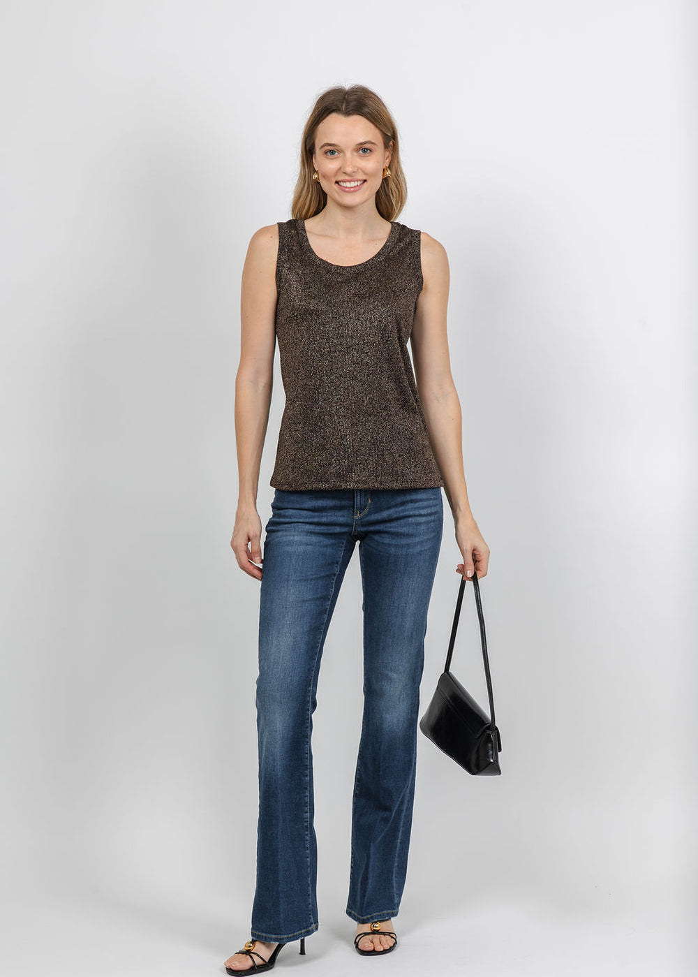 BK Lurex Tank Top in Black paired with Cambio Paris Flared Pant 33" - Modern Casual Used available at Barbara Katz