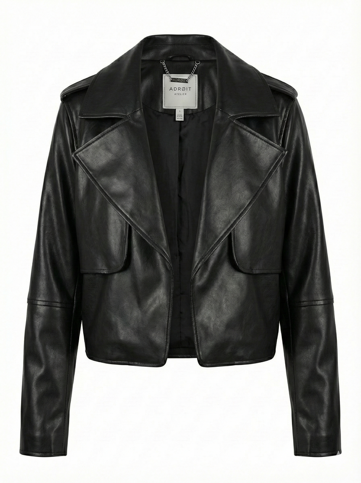 Adroit Atelier Camille Open Front Vegan Leather Jacket in Black available at Barbara Katz