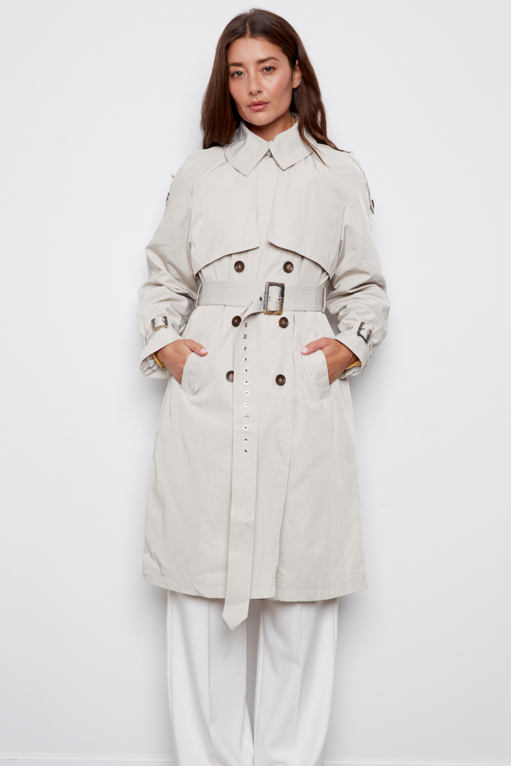 Adroit Atelier Cara Long Trench Coat in Elephant available at Barbara Katz