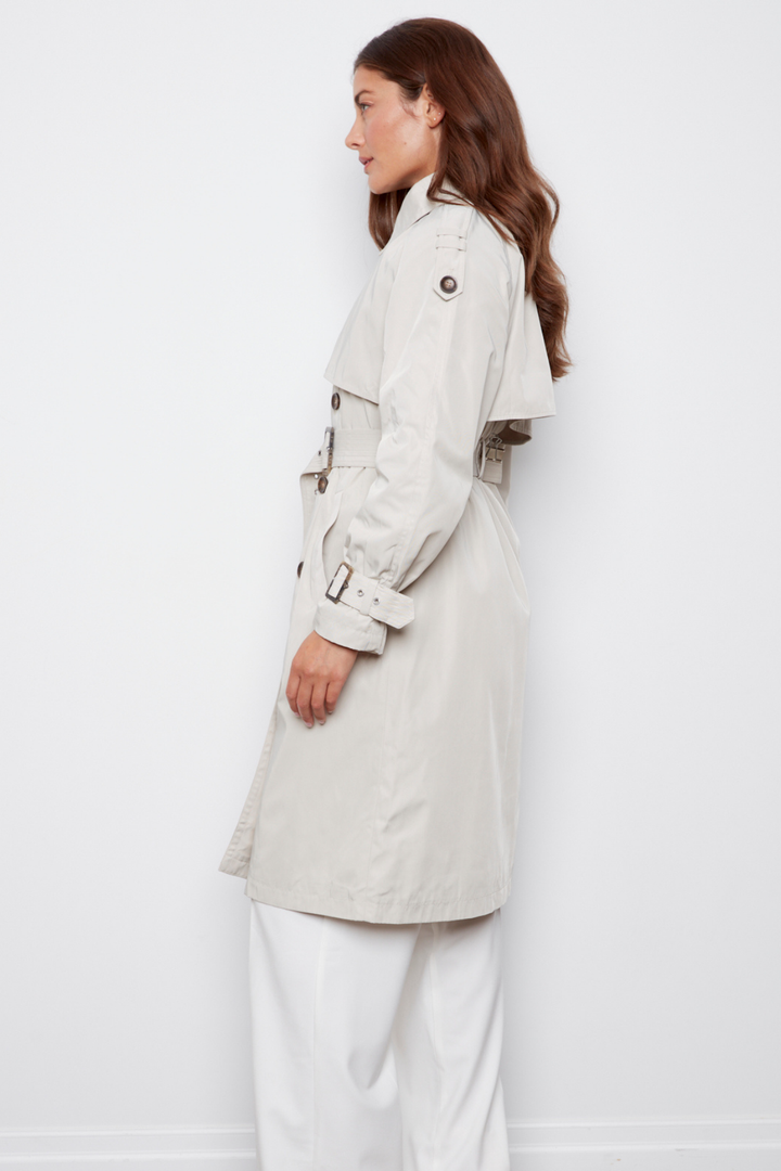 Adroit Atelier Cara Long Trench Coat in Elephant available at Barbara Katz