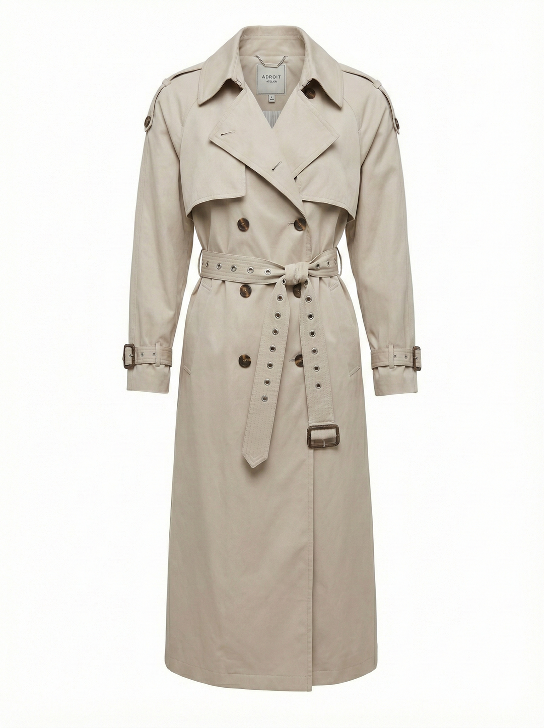Adroit Atelier Cara Long Trench Coat in Elephant available at Barbara Katz