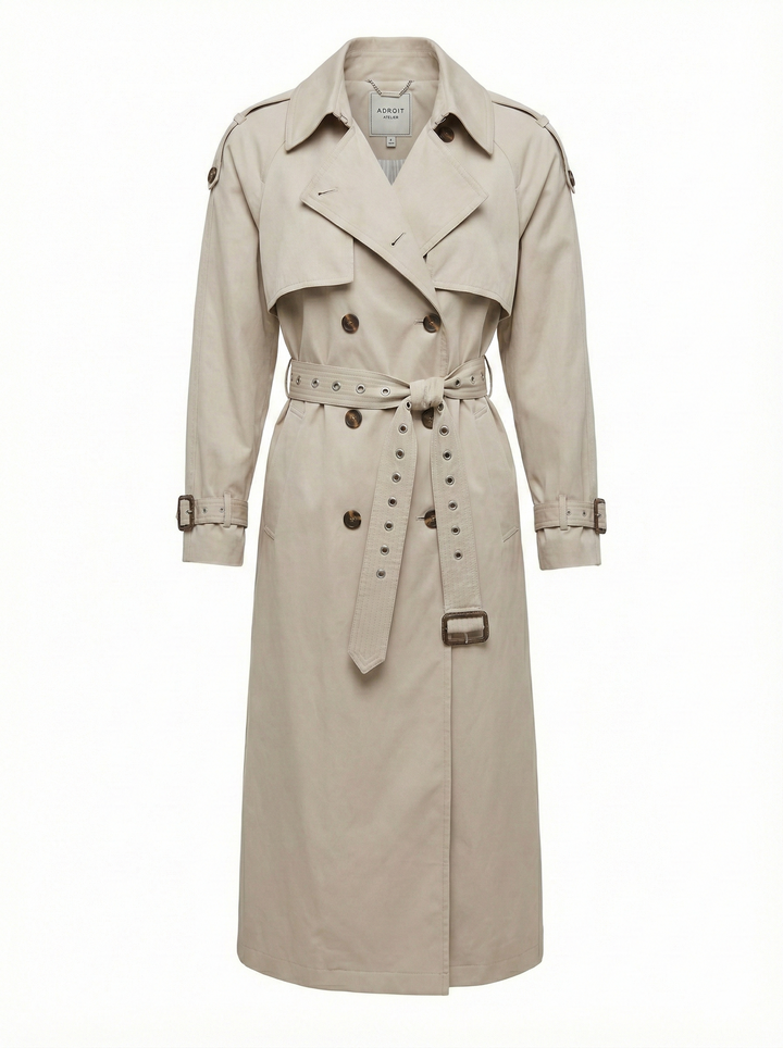 Adroit Atelier Cara Long Trench Coat in Elephant available at Barbara Katz
