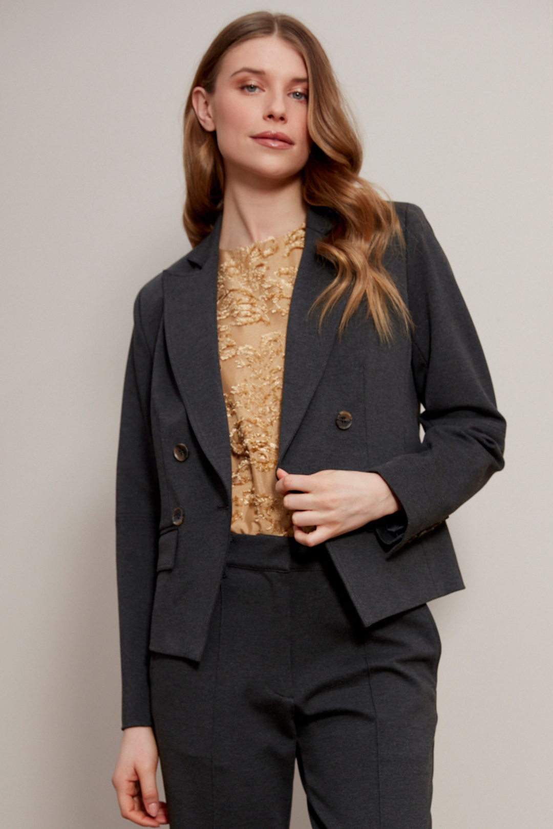 Adroit Atelier Carlisle Double Breasted Stretch Signature Blazer in Anthracite available at Barbara Katz