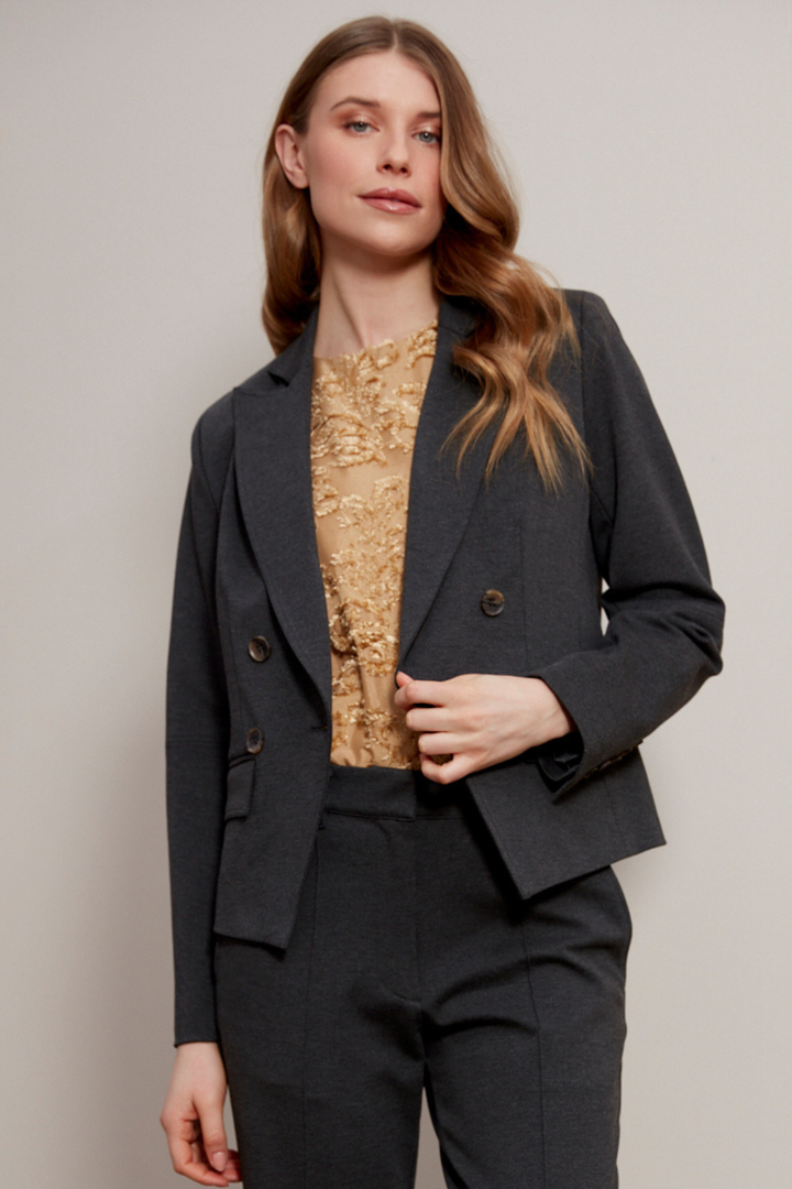 Adroit Atelier Carlisle Double Breasted Stretch Signature Blazer in Anthracite available at Barbara Katz