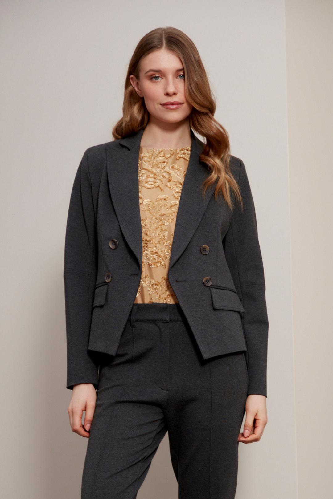 Adroit Atelier Carlisle Double Breasted Stretch Signature Blazer in Anthracite available at Barbara Katz